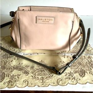 Halston Heritage Leather Crossbody Shoulder Bag Light Pink Gray Strap Gold HW